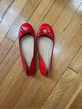 Tory Burch Red Ballet Flats with Bow and Gold Logo